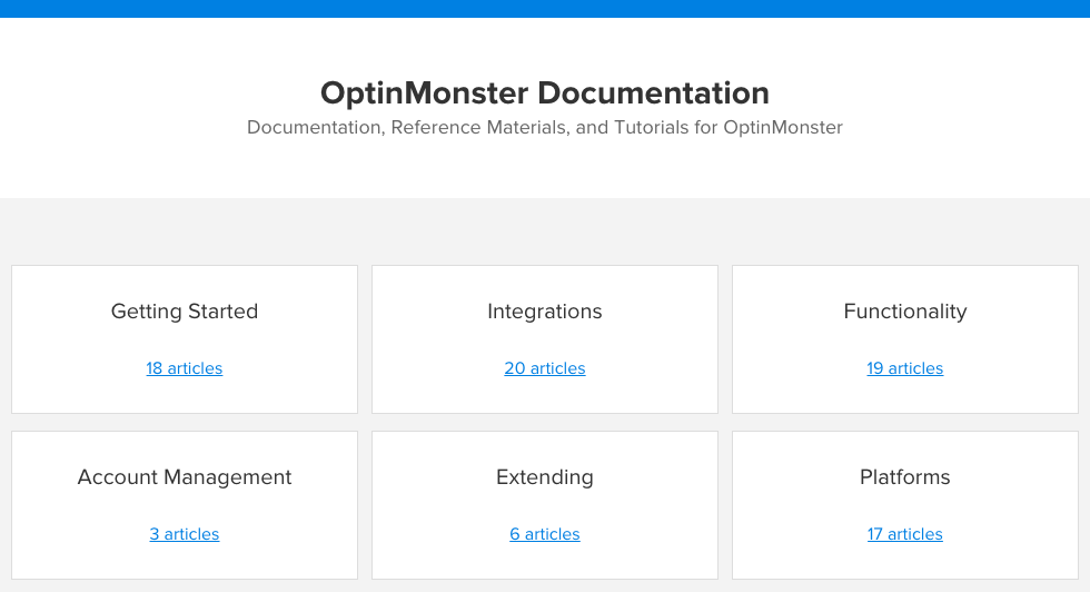 OptinMonster documentation categories
