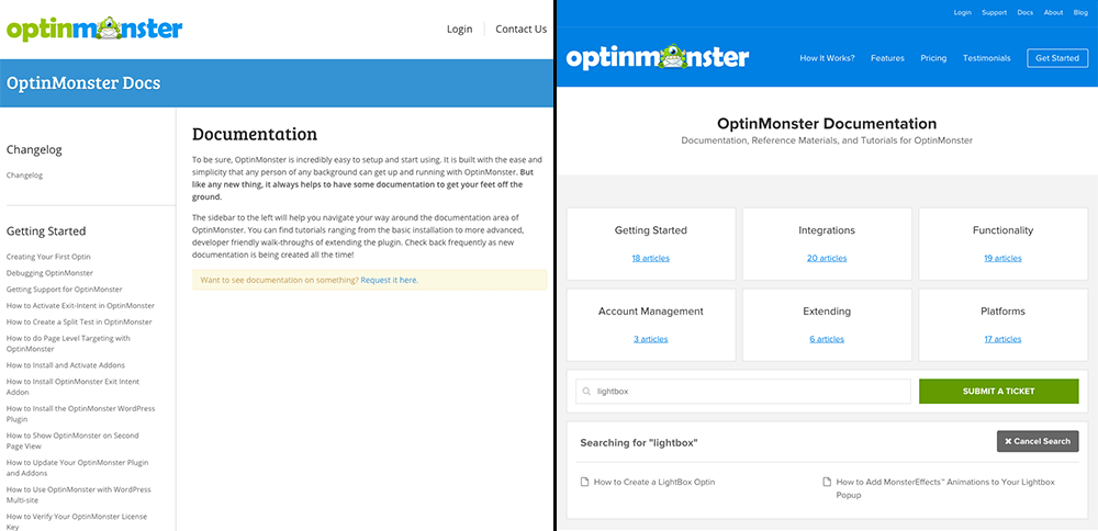 Comparison of old and new documentation sites