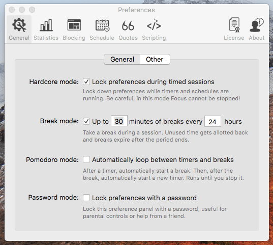 Screenshot of Focus settings